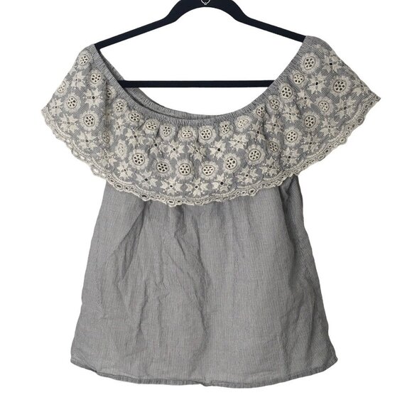 Coquette Off Shoulder  Women Small Eyelet Blue Stripe Floral  Cottagecore Dainty - Picture 1 of 6